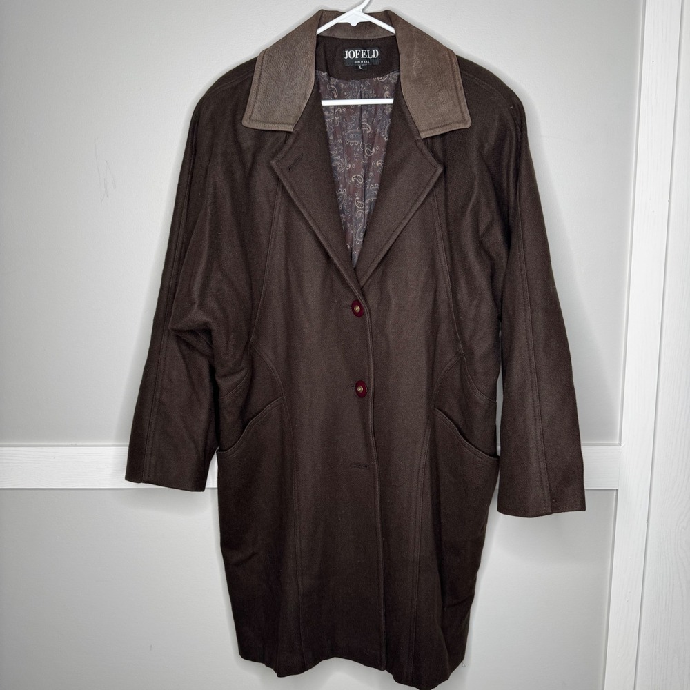 Vintage Jofeld Wool Overcoat Womens‎ Large Brown Leather Trim Vtg Made in USA